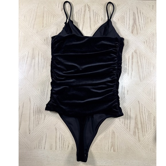 Express Velvet Bodysuit Black Sleeveless Ruched Party Top Blouse Club Date S - Picture 4 of 10